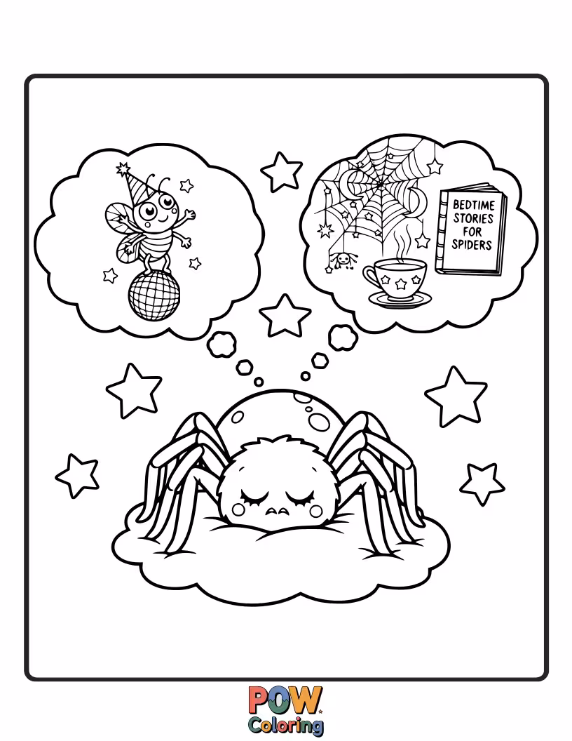 Free coloring page of A content spider napping soundly, surrounded by fluffy clouds and stars. Perfect for soothing and peaceful coloring.