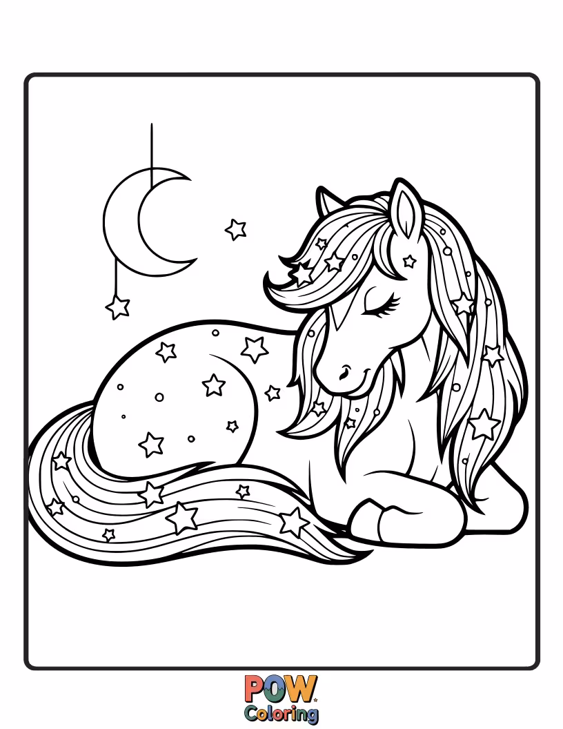 Free coloring page of A peaceful horse nestled amongst crescent moons and sleepy stars, dreaming sweet dreams.