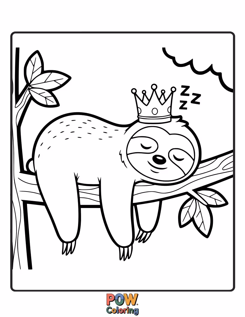 Free coloring page of A super chill crown featuring a sleepy sloth lounging amongst oversized leaves and gentle branches.