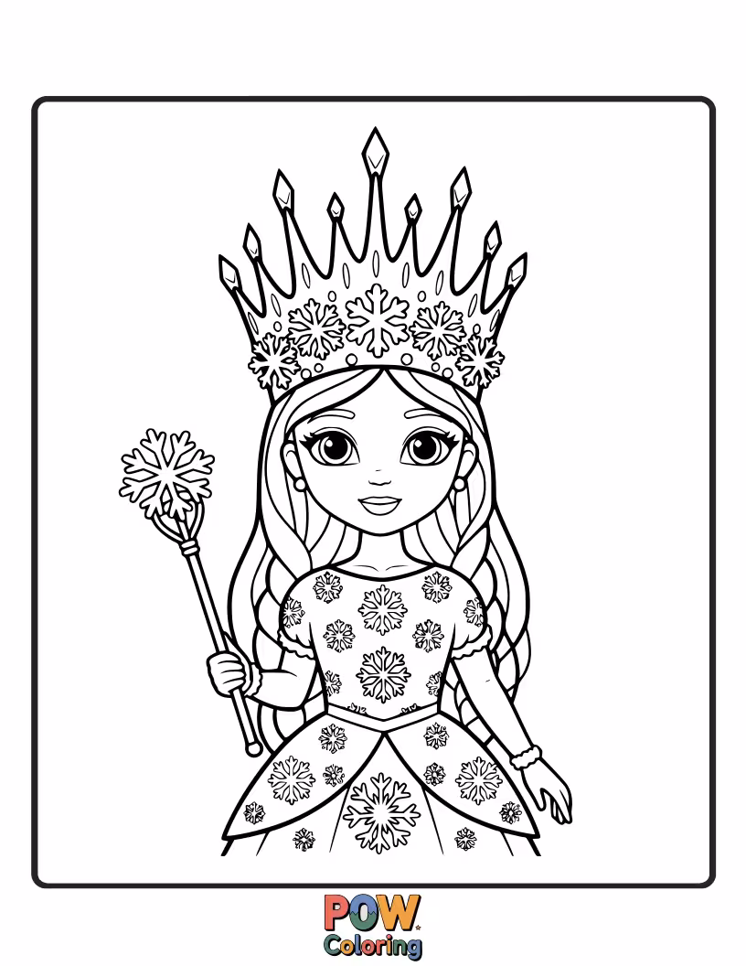 Free coloring page of A regal princess wearing a beautiful crown made of delicate snowflakes, looking graceful and elegant.