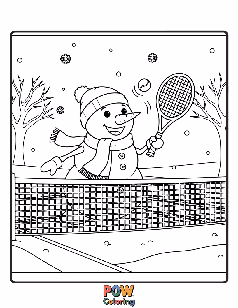 Free coloring page of A jolly snowman with a carrot nose playing tennis in a snowy wonderland, wearing a scarf.