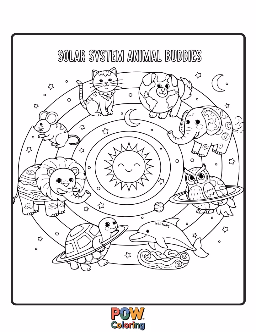 Free coloring page of Cute woodland creatures riding on planets, playing with asteroids, and waving from a starry backdrop. A charming celestial safari.