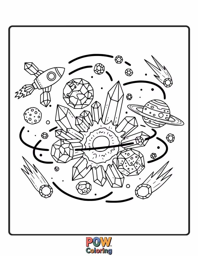 Free coloring page of Planets made of shimmering crystals, reflecting starlight and connected by iridescent energy beams. A dazzling and beautiful cosmic display.