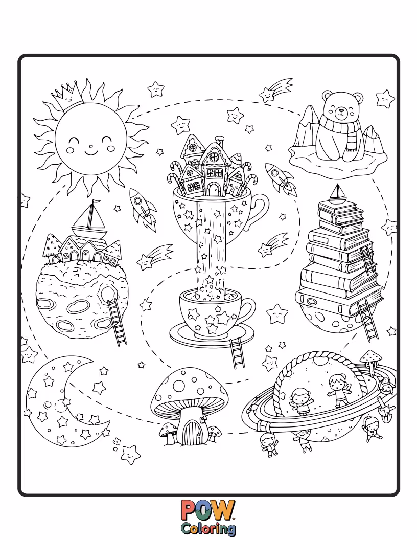 Free coloring page of Each planet transformed into a miniature fairy tale kingdom with tiny castles, dragons, and enchanted forests. A magical celestial storybook.