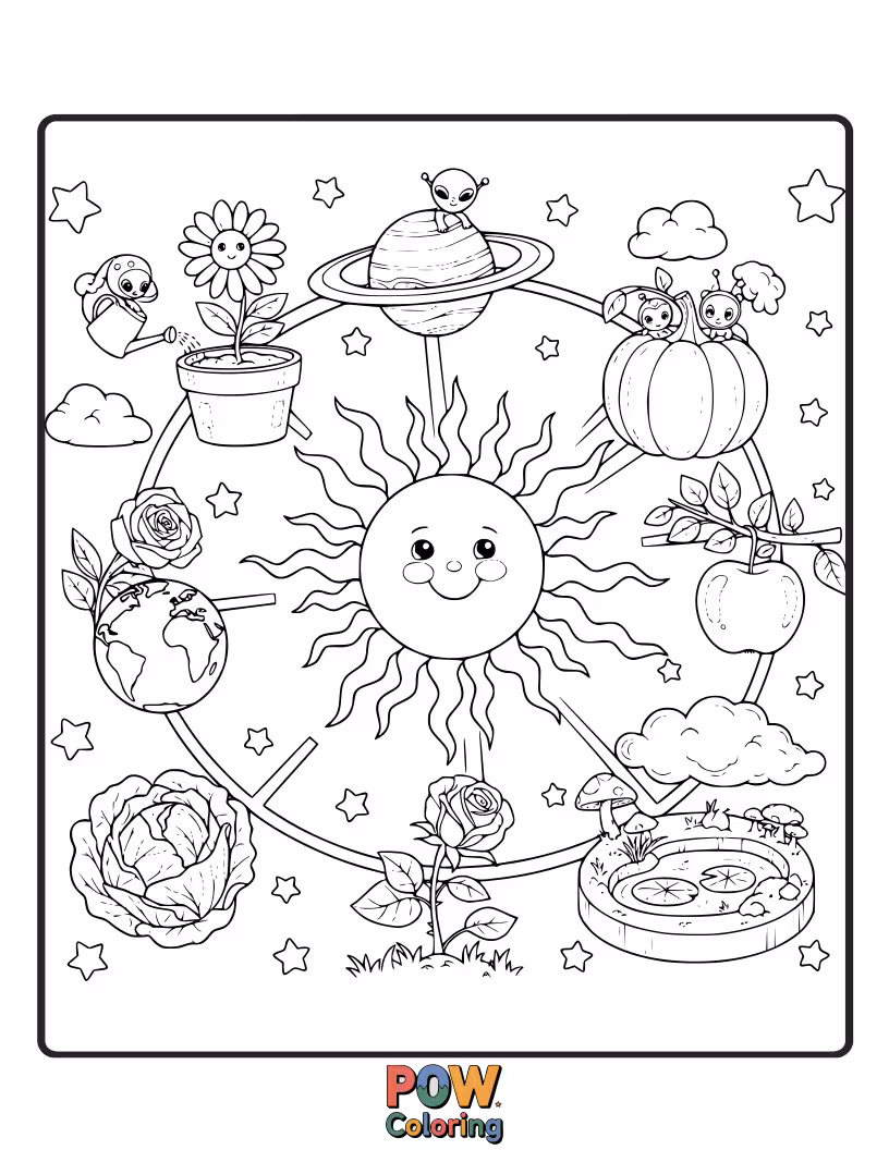 Free coloring page of Flowers blooming on planets, with vines connecting them and friendly ladybugs visiting from afar. A vibrant and growing celestial garden.