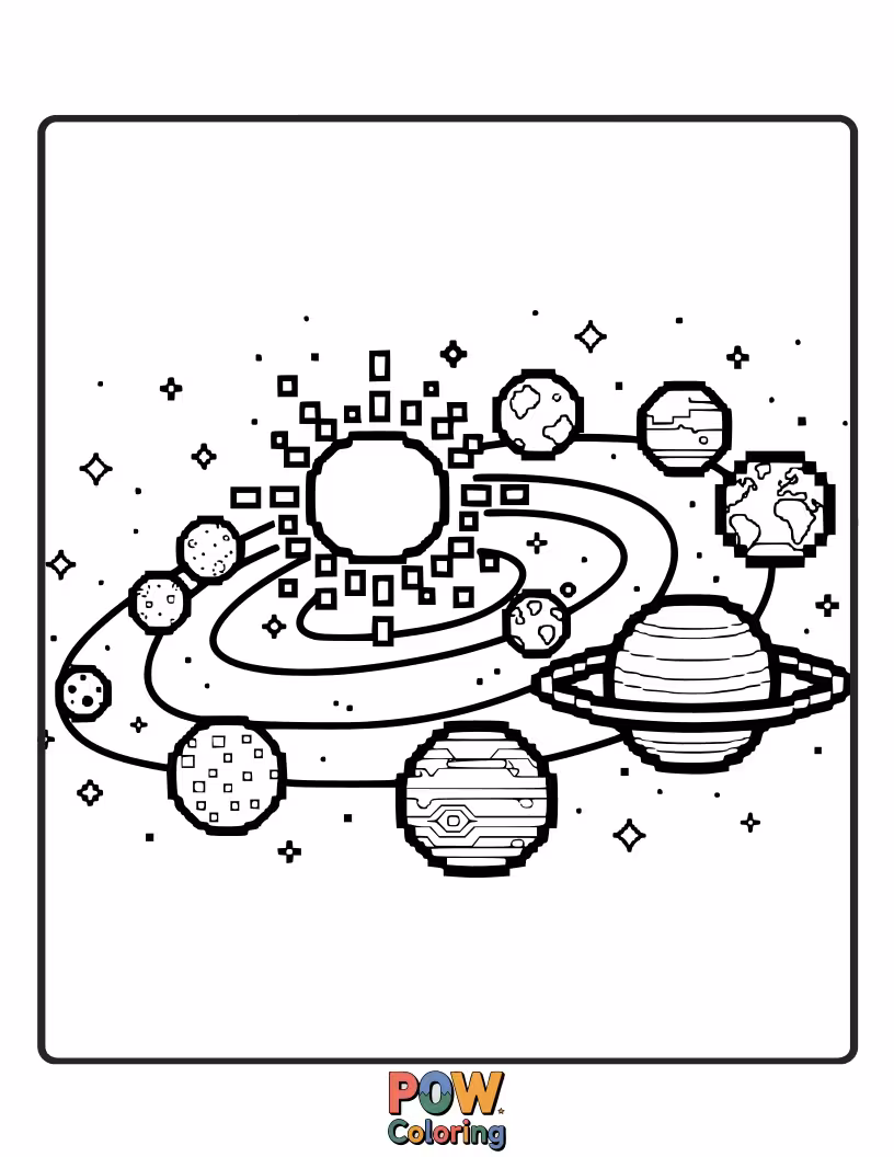 Free coloring page of Each planet and celestial body rendered in cute, chunky pixels, creating a retro-futuristic and unique cosmic landscape. A digital dreamscape.