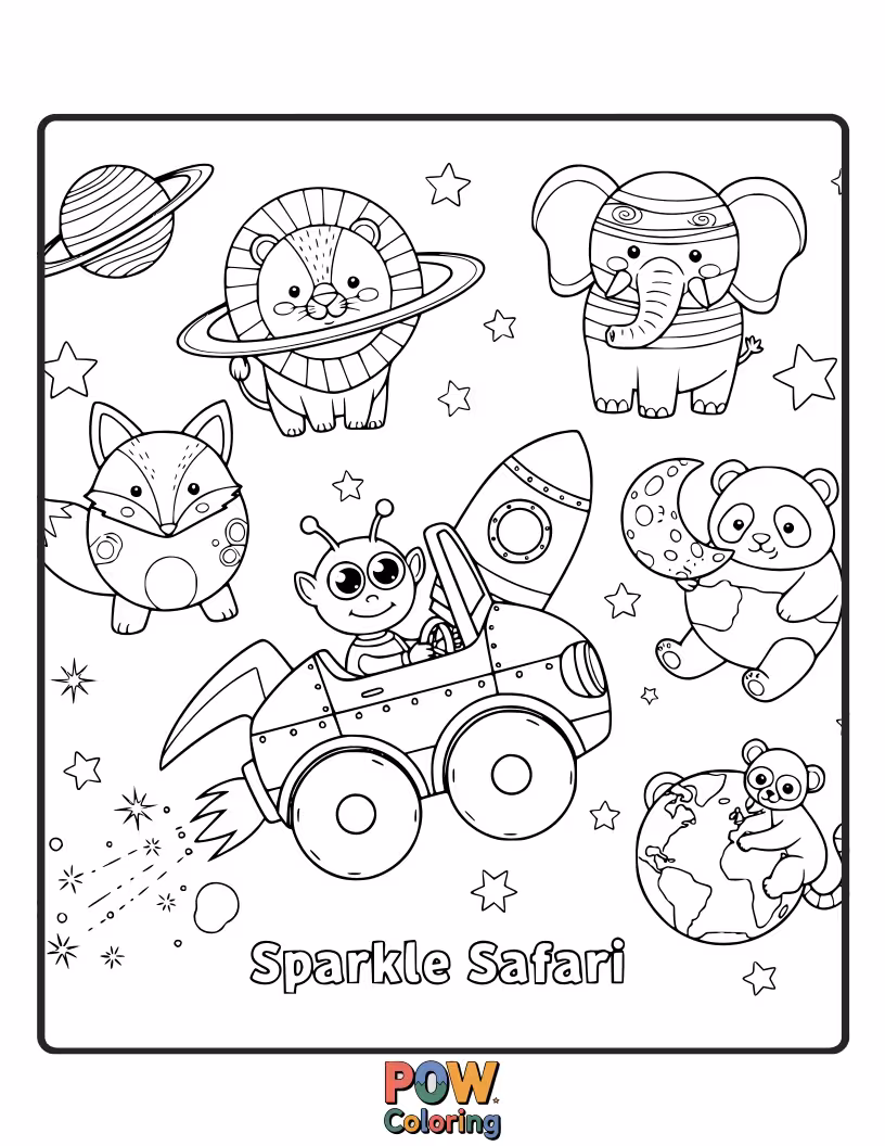 Free coloring page of Animals adorned with glitter and sparkle, exploring planets that shimmer and shine. A dazzling and glamorous cosmic adventure.