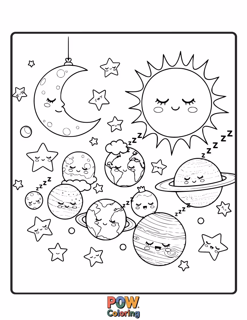 Free coloring page of Planets tucked into cozy crescent moons like beds, with sleepy stars twinkling around them. A peaceful, dreamlike solar system.