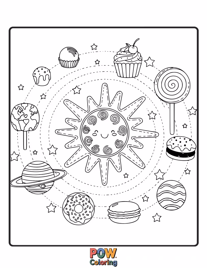 Free coloring page of Tiny planets made of cupcakes and cookies orbit a smiling sun ice cream cone. A deliciously cosmic adventure for little artists.