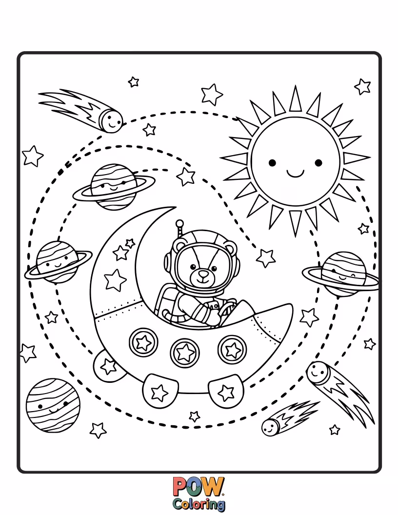 Free coloring page of Cute teddy bears embarking on an adventure, piloting rocket ships and exploring whimsical planets. A cuddly and charming cosmic expedition.