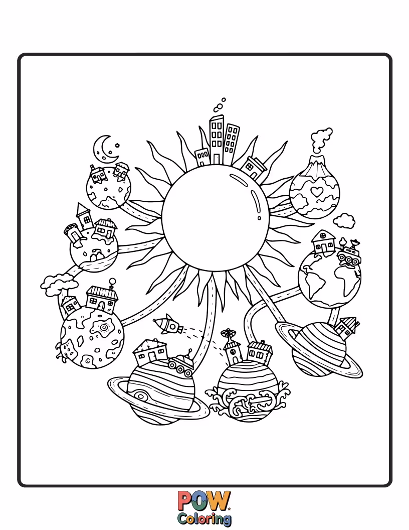 Free coloring page of Each planet a miniature town with houses, trees, and tiny inhabitants waving hello. A charming and populated celestial neighborhood.
