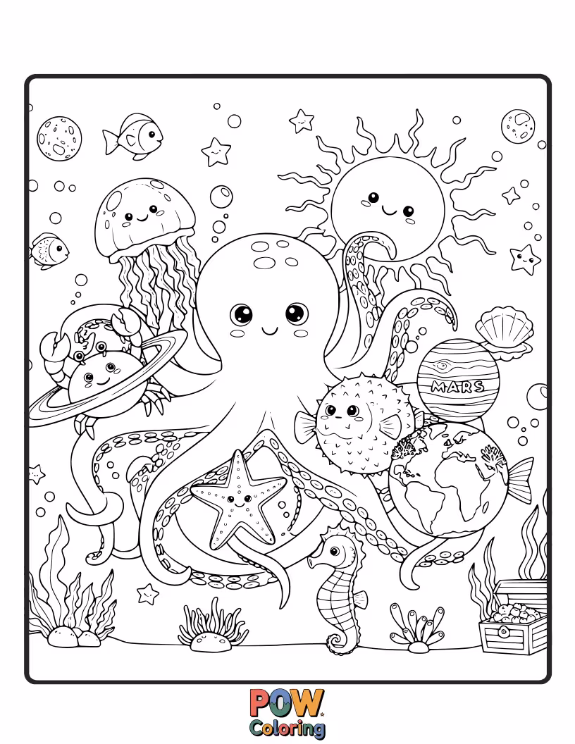 Free coloring page of Ocean creatures like whales and dolphins swimming through nebulae, with planets resembling giant pearls. A magical aquatic cosmos.