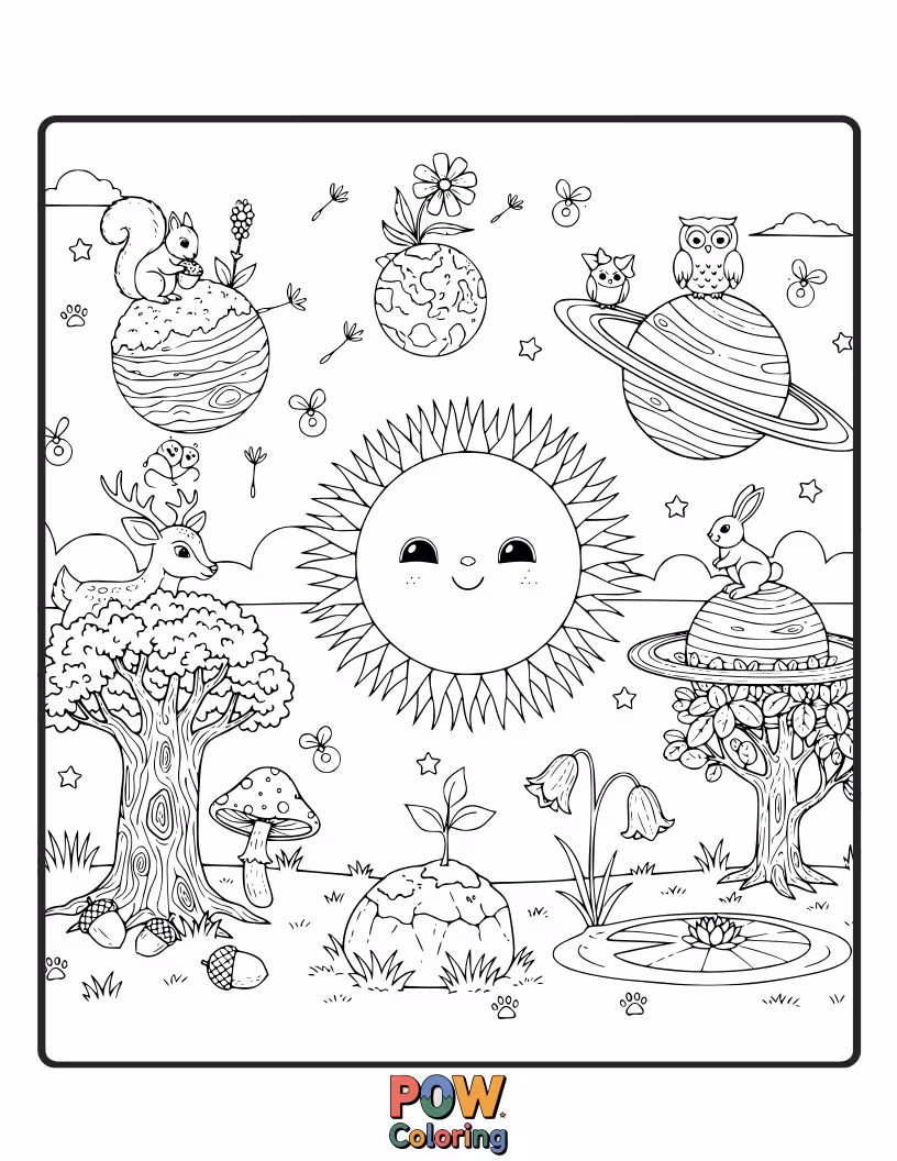 Free coloring page of Cute forest animals living on the planets, with trees growing from them and friendly fireflies illuminating the dark. A natural celestial habitat.