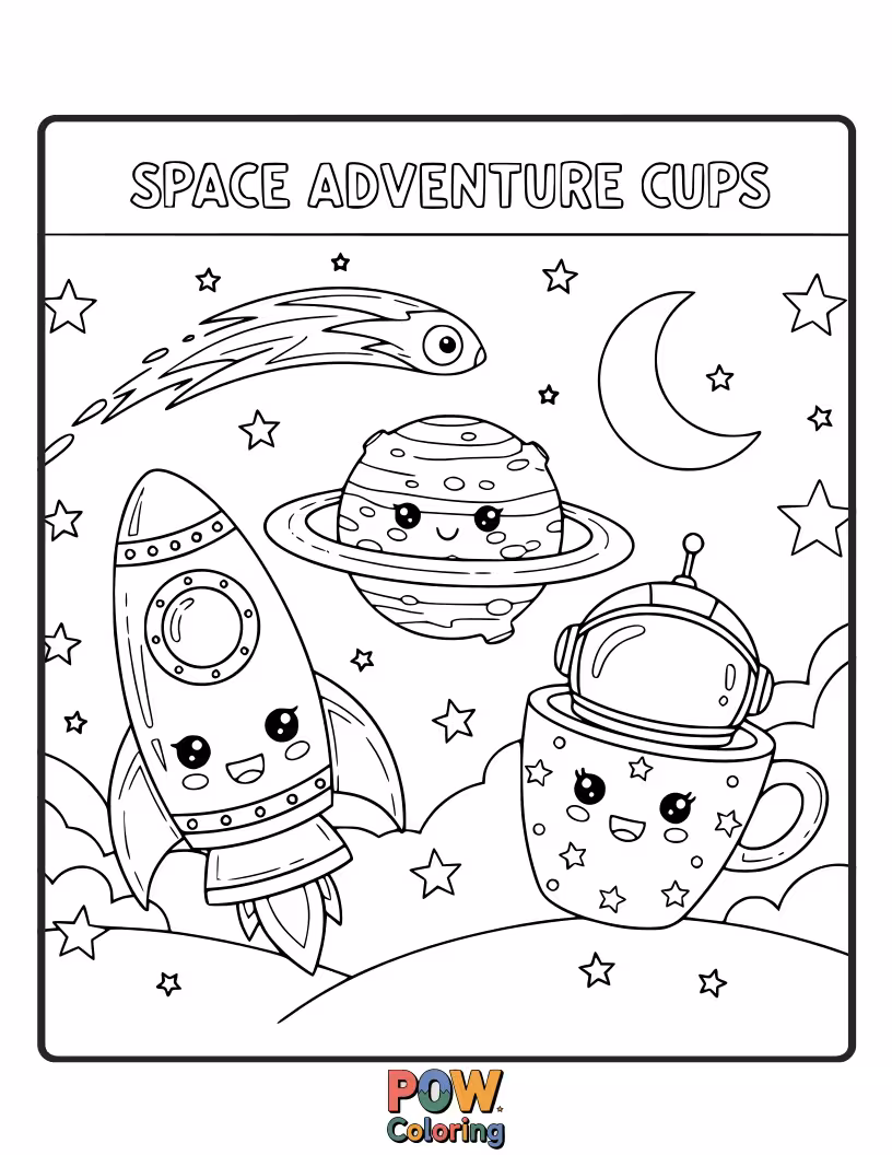 Free coloring page of Bold cups piloting rocket ships and exploring distant planets, leaving a trail of stardust.