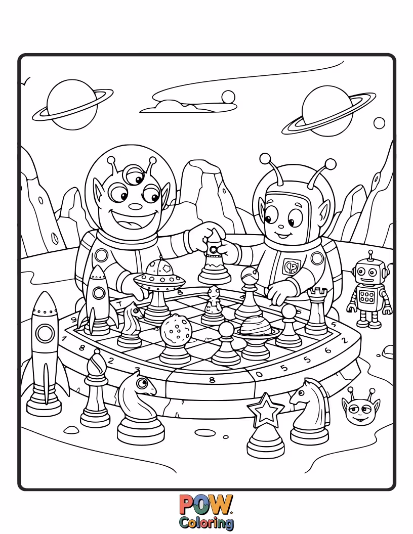 Free coloring page of Two quirky, multi-limbed aliens engaged in a strategic chess battle on a cratered lunar surface.