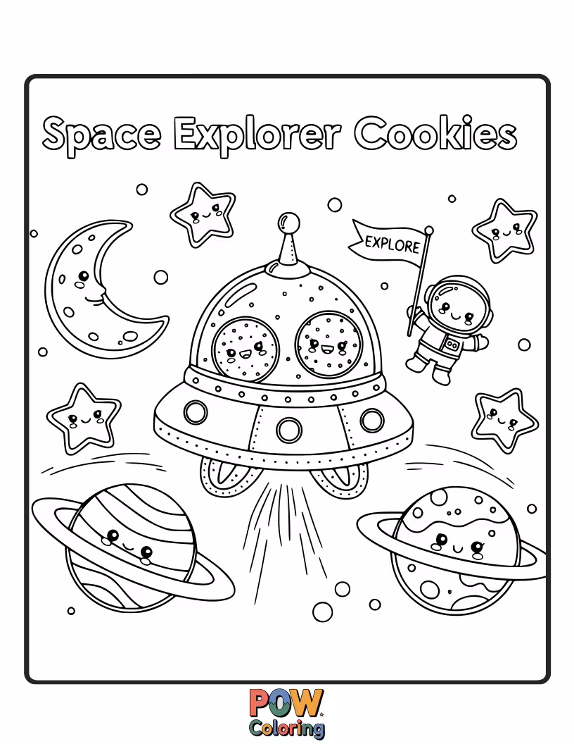Free coloring page of Funny cookies styled as astronauts, rockets, and planets, ready for an intergalactic coloring adventure. Blast off with color!