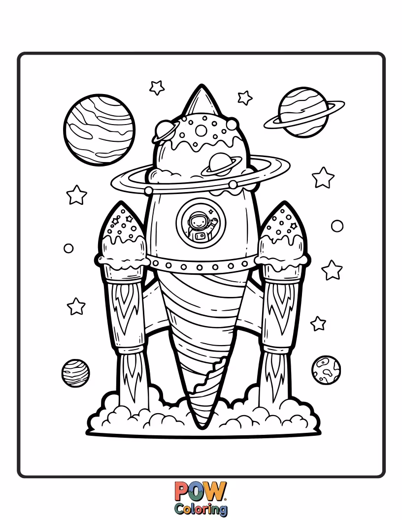 Free coloring page of An adventurous ice cream cone in a little astronaut helmet, floating amongst planets made of gelato.