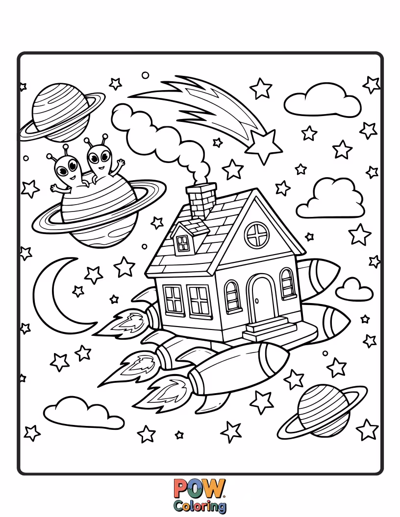Free coloring page of A futuristic dome home on a colorful alien planet, with strange plants and two moons in the sky. Out of this world!