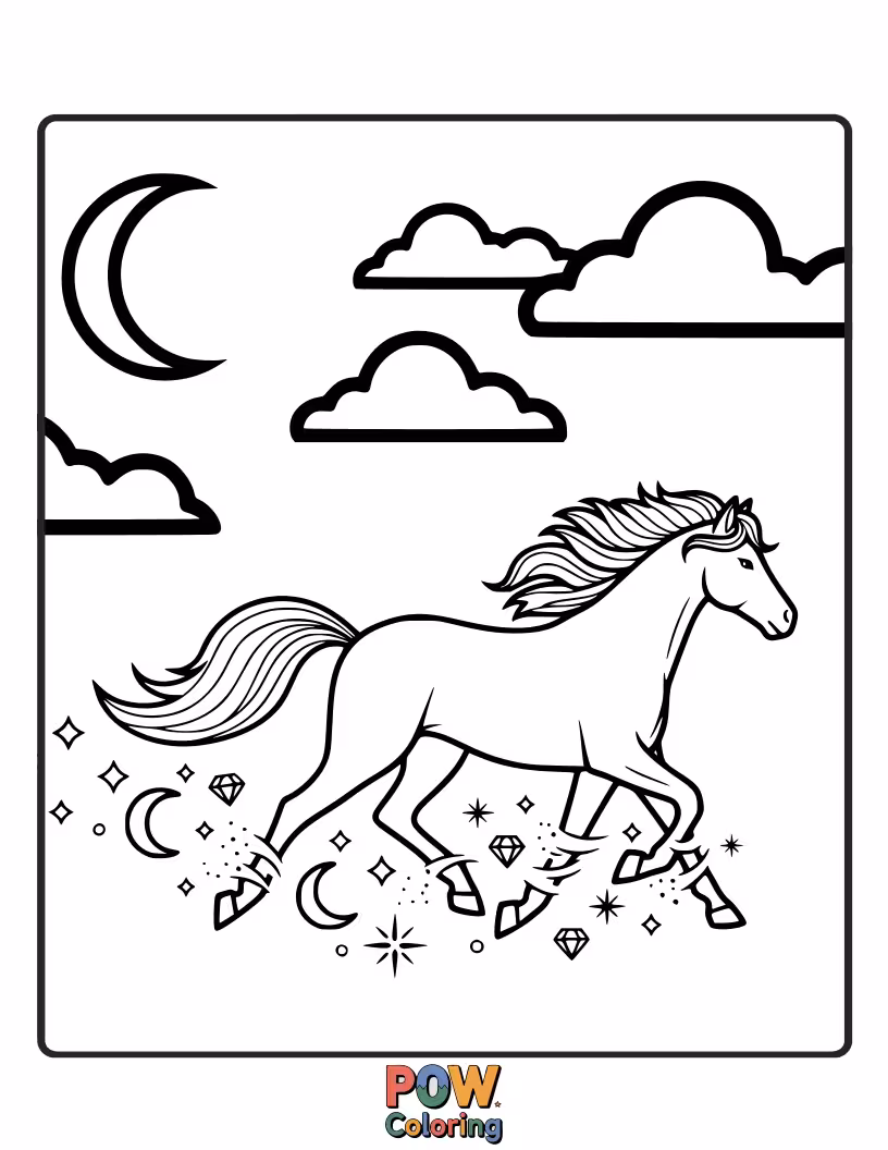 Free coloring page of A majestic horse with swirling stars and a rainbow mane, ready for fantastical adventures in a dreamy landscape.