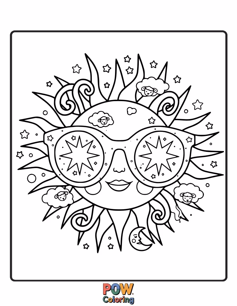 Free coloring page of Whimsical sunglasses with glittery accents and stars, perfect for adding a touch of magic and shine.