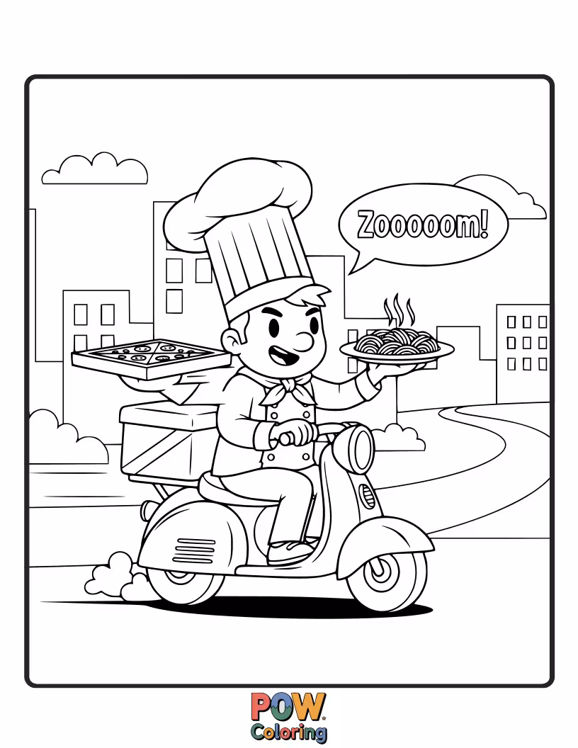 Free coloring page of A dynamic chef zooming on a scooter, delivering a delicious cake with a playful wink and a trail of culinary delight.