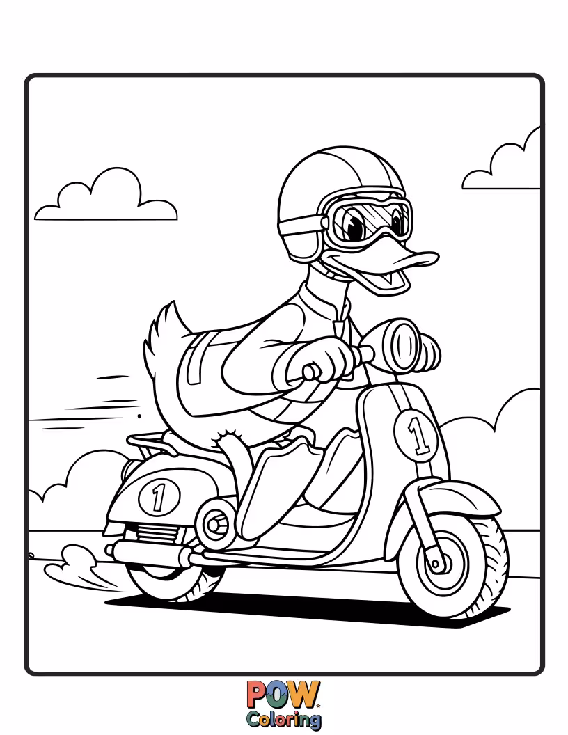 Free coloring page of This energetic duck is zooming around on a colorful, motorized scooter.