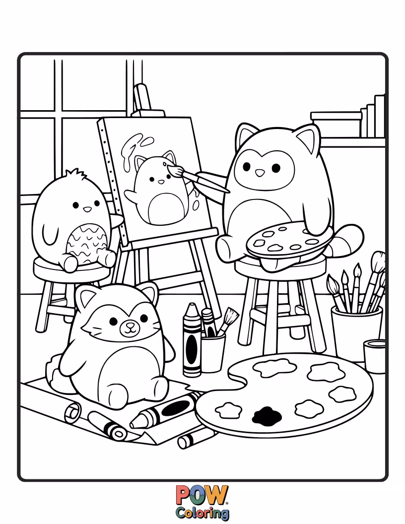 Free coloring page of A creative Squishmallow painting a masterpiece with colorful paints and brushes in a cozy art studio.