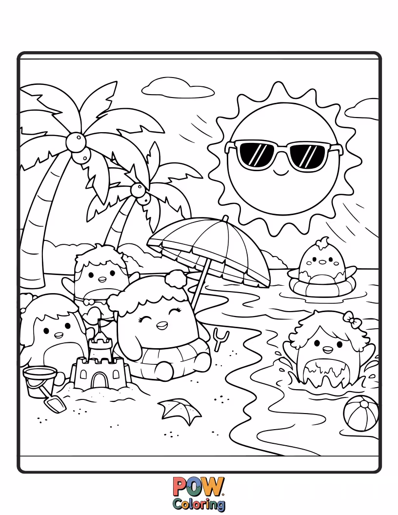 Free coloring page of A cheerful Squishmallow building a sandcastle on a sunny beach, with playful waves and seagulls.