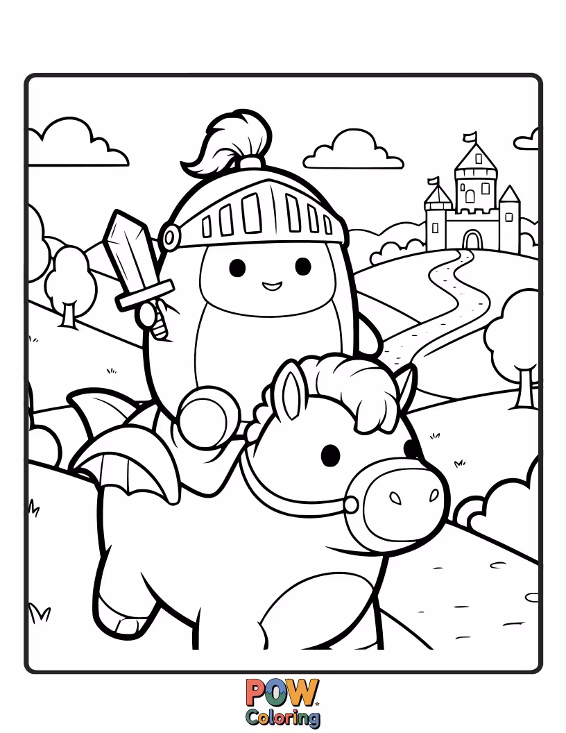 Free coloring page of A valiant Squishmallow dressed as a knight, embarking on a noble quest in a fantasy kingdom.