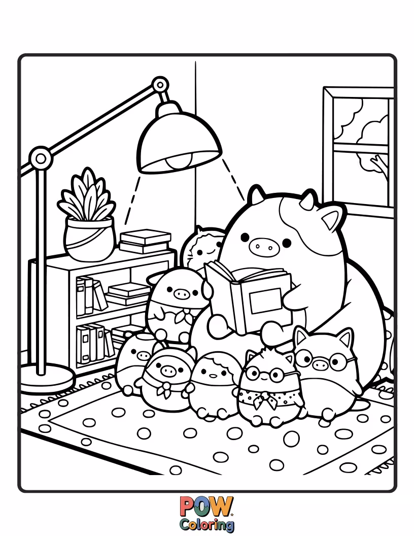 Free coloring page of A sleepy Squishmallow curled up with a book, nestled amongst soft pillows and a warm blanket.