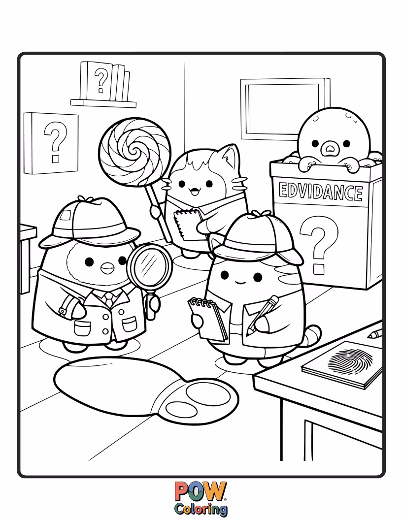 Free coloring page of A clever Squishmallow in a trench coat, solving a fun mystery with a magnifying glass and clues.
