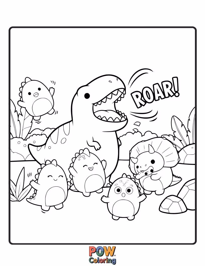Free coloring page of A cute Squishmallow meeting friendly dinosaurs in a prehistoric jungle filled with lush foliage.