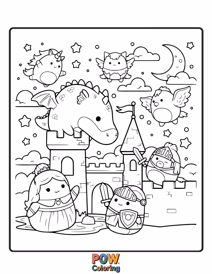 Free coloring page of A charming Squishmallow dressed as a fairy, sprinkling pixie dust in an enchanted, whimsical setting.