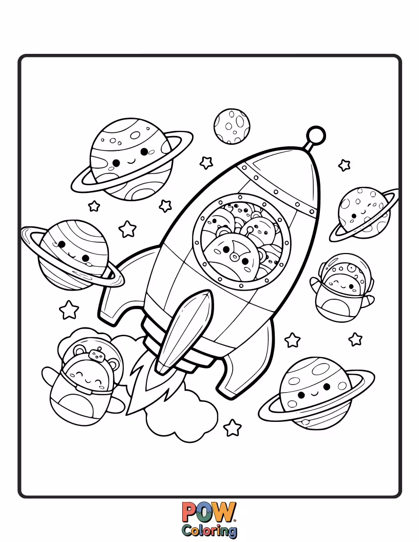 Free coloring page of A brave Squishmallow exploring outer space, floating past colorful planets and friendly alien creatures.