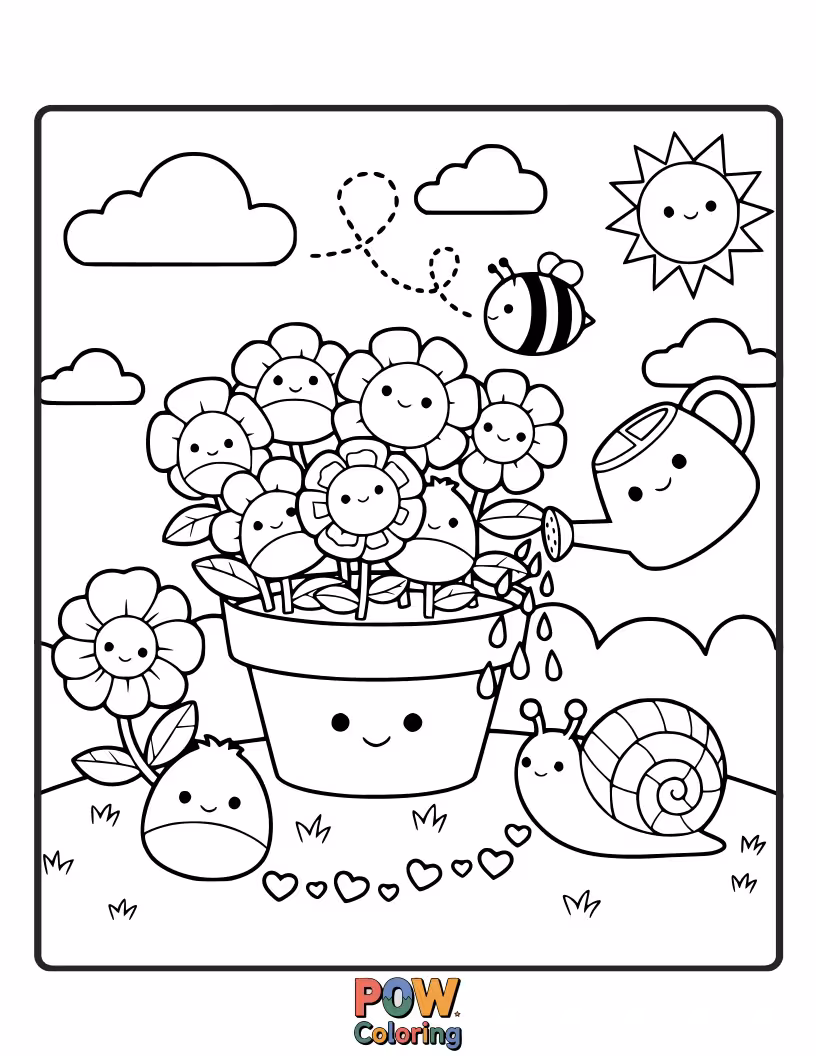Free coloring page of A gentle Squishmallow tending to a beautiful garden, surrounded by blooming flowers and buzzing bees.
