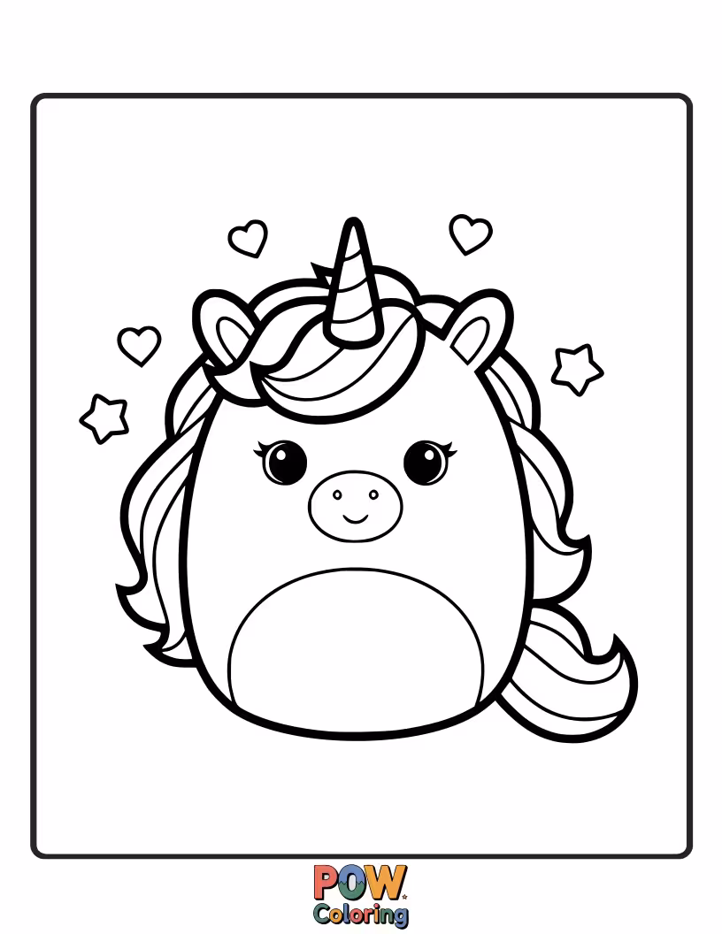 Free coloring page of A magical Squishmallow riding a majestic unicorn through a sparkling, iridescent wonderland.