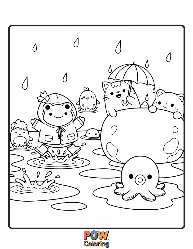 Free coloring page of A playful Squishmallow jumping in puddles, wearing cute rain boots and holding a colorful umbrella.