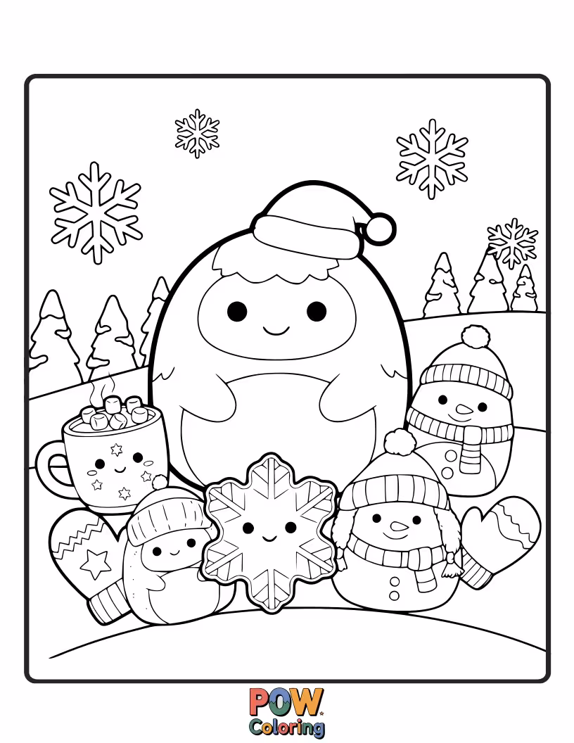 Free coloring page of A cozy Squishmallow building a snowman in a snowy landscape, surrounded by snowflakes and icicles.