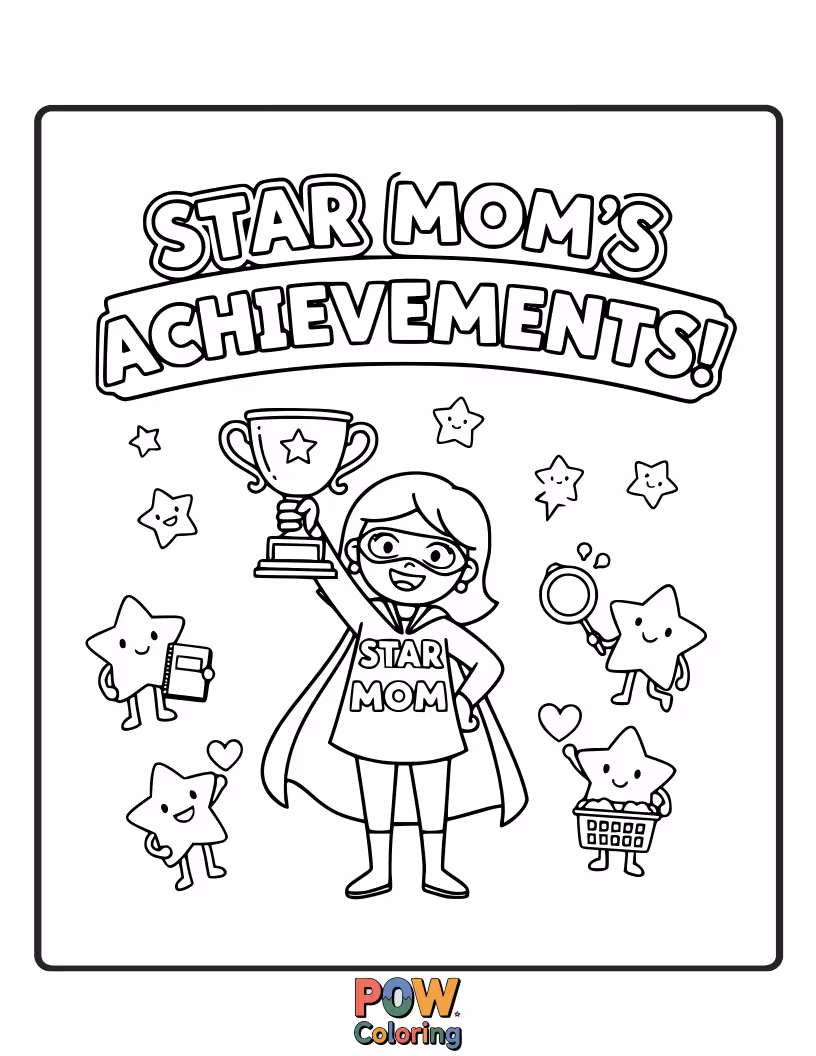 Free coloring page of A sparkling star with "Mom" written inside, surrounded by smaller stars and celebratory confetti. Honors her shining presence.