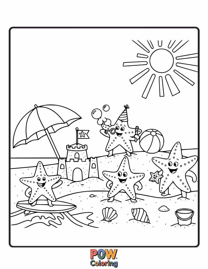 Free coloring page of A lively gathering of smiling starfish of different shapes and colors, dancing joyfully on the shore.