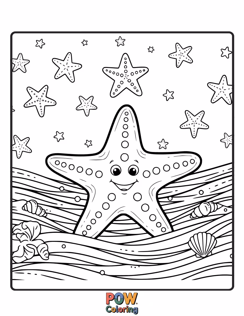 Free coloring page of Starfish arranged like constellations on the ocean floor, beneath a starry underwater sky. Magical and whimsical.