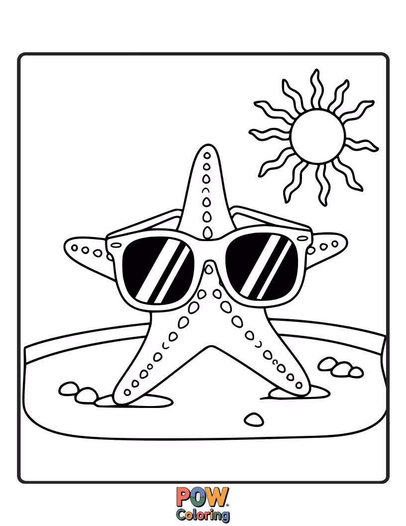 Free coloring page of A charming starfish sporting sunglasses, ready for a sunny day on the beach.