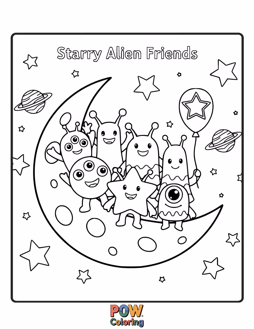 Free coloring page of Cute, friendly aliens curiously observing and interacting with a group of twinkling stars.