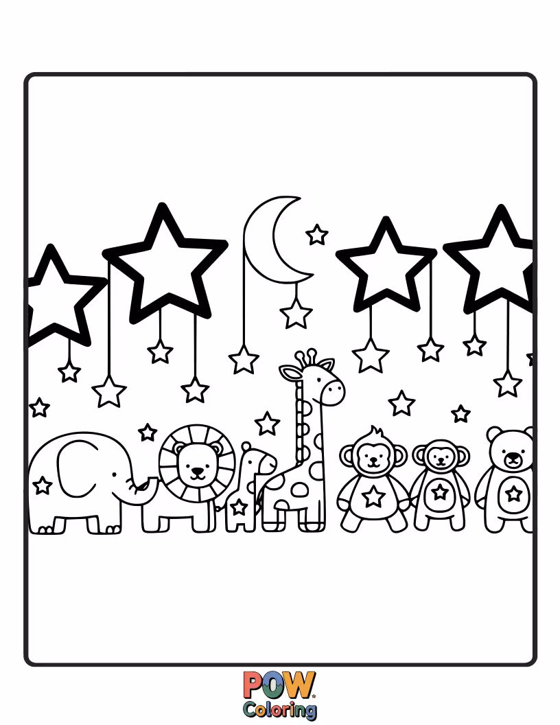 Free coloring page of A delightful parade of cute animals, each with a star adorning their head or tail.