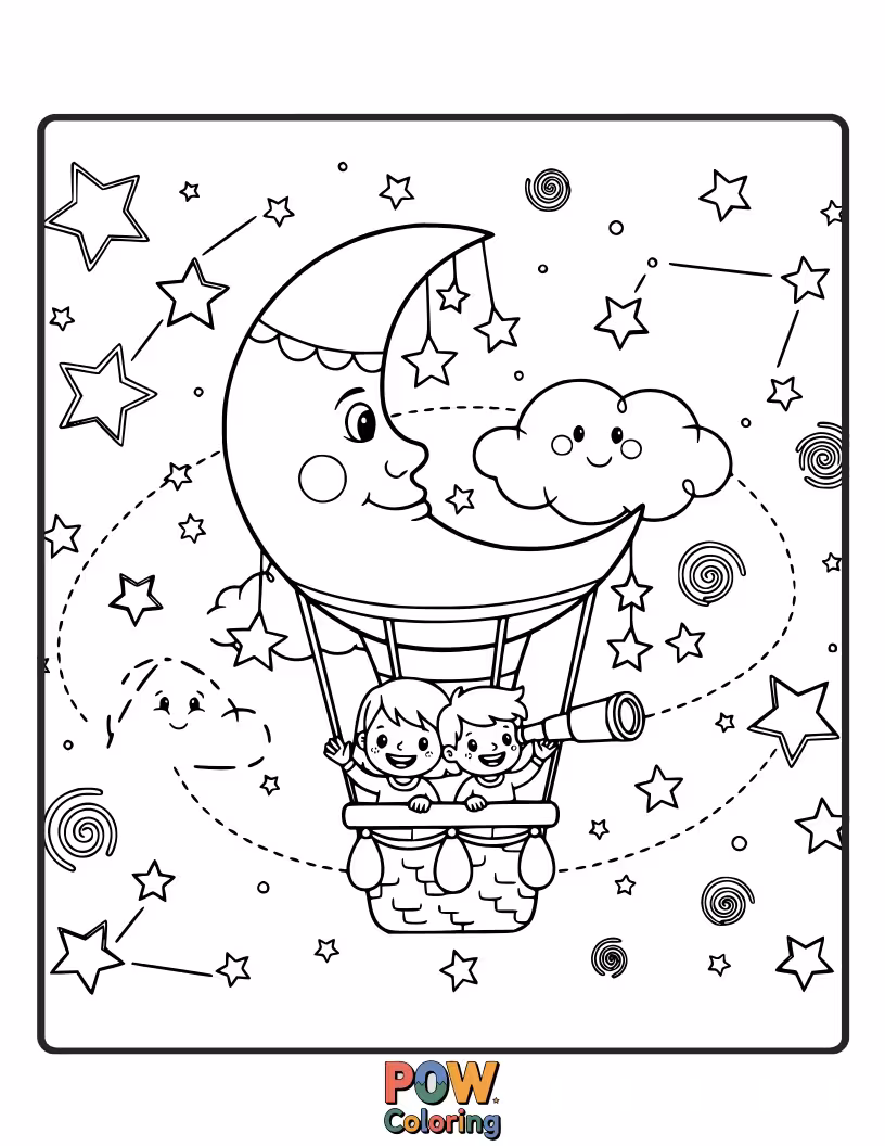 Free coloring page of Cute stars floating upwards, holding onto colorful balloons that reach towards the starry sky.
