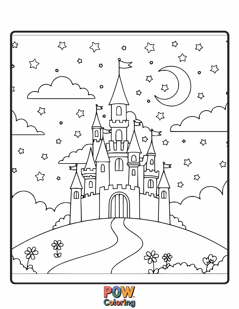 Free coloring page of A magical castle made of stars, with tiny crowns and sparkling jewels all around.