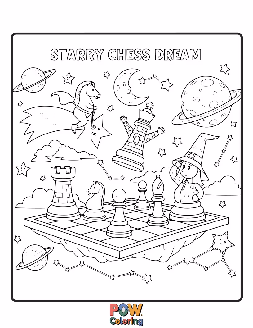 Free coloring page of A whimsical scene where the chess pieces are made of stars and nebulae, floating in a dreamy cosmic sky.