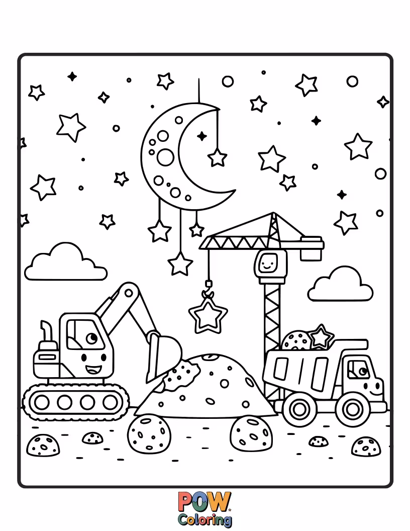 Free coloring page of Little stars wearing hard hats, happily building star-shaped structures with colorful blocks.