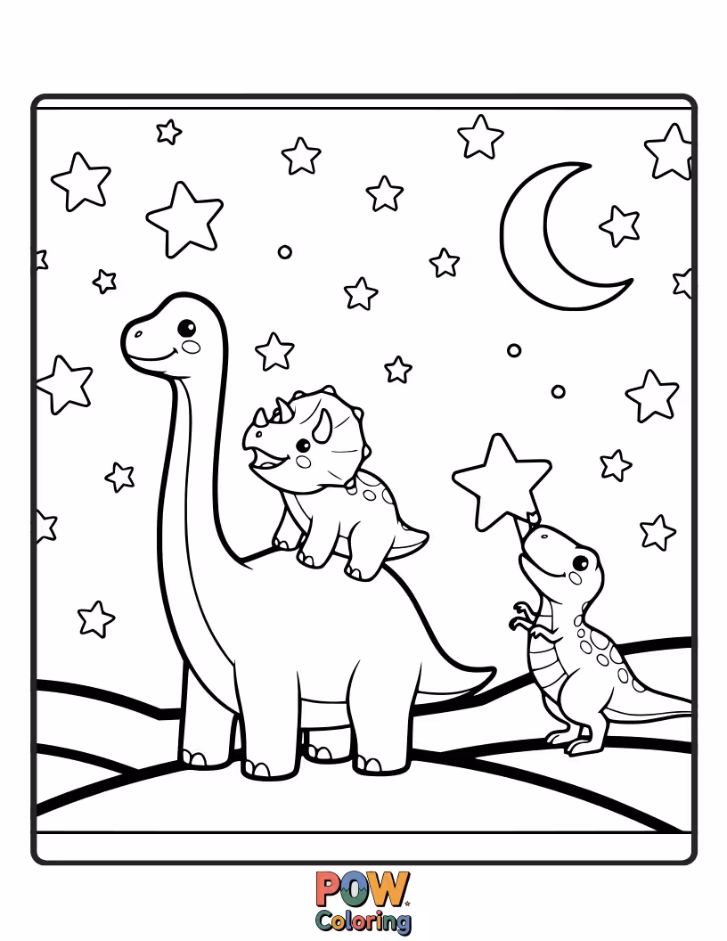 Free coloring page of Gentle, cartoon dinosaurs playfully reaching up to touch or play with friendly, glowing stars.