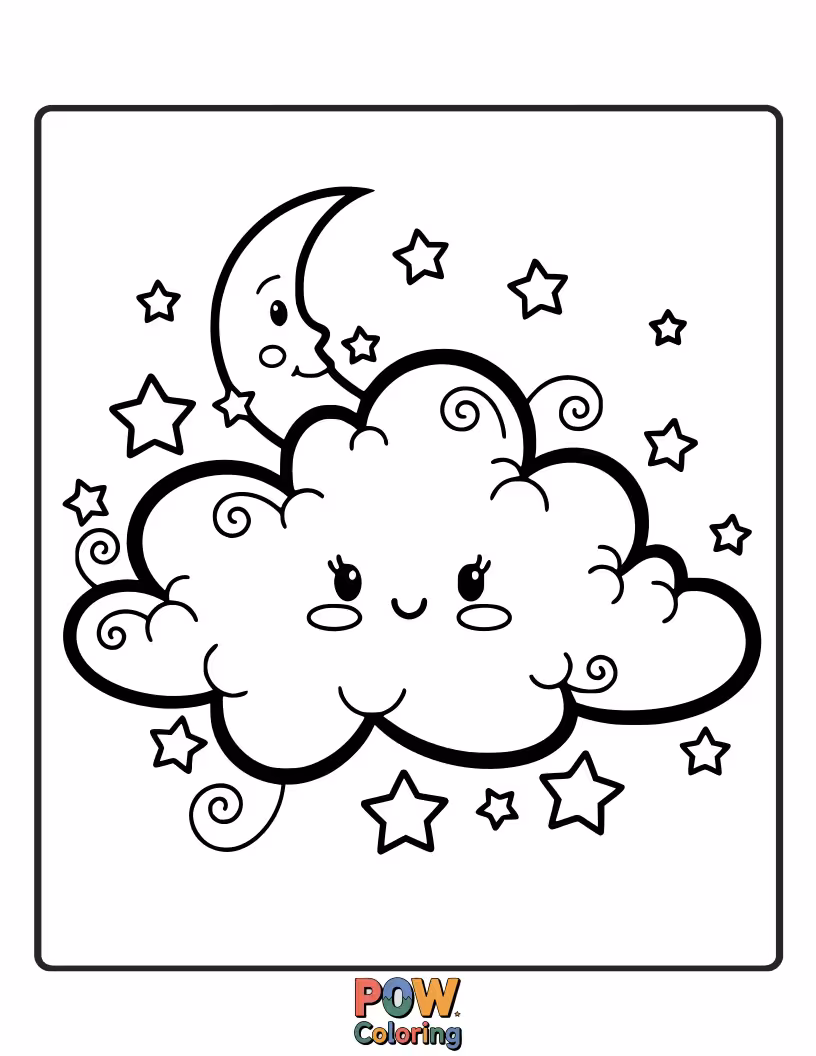 Free coloring page of A fluffy cloud cradling a sleeping star, surrounded by gentle crescent moons and twinkling dots.